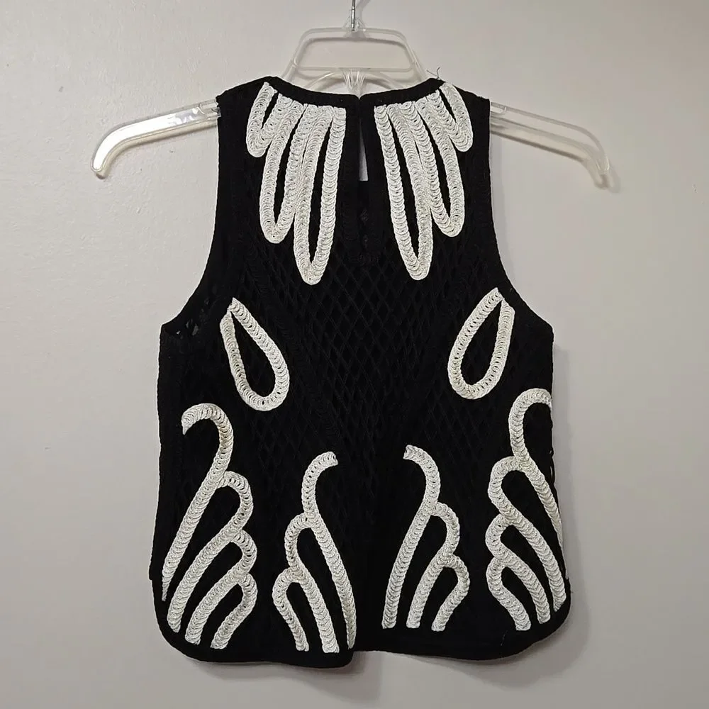 Maje Women's Mesh Crochet Black White Tank Top Size 2 Floral - Picture 6 of 7